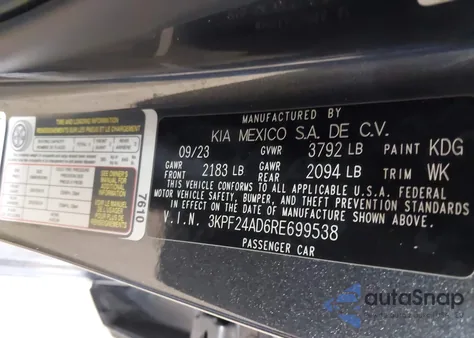 2024 Kia Forte Lxs z USA, uszkodzony, nr VIN 3KPF24AD6RE699538